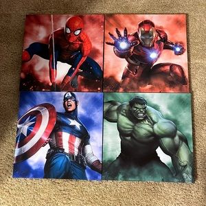 4pc Superhero wall art. Ironman, Hulk, Captain America and Spider-Man.